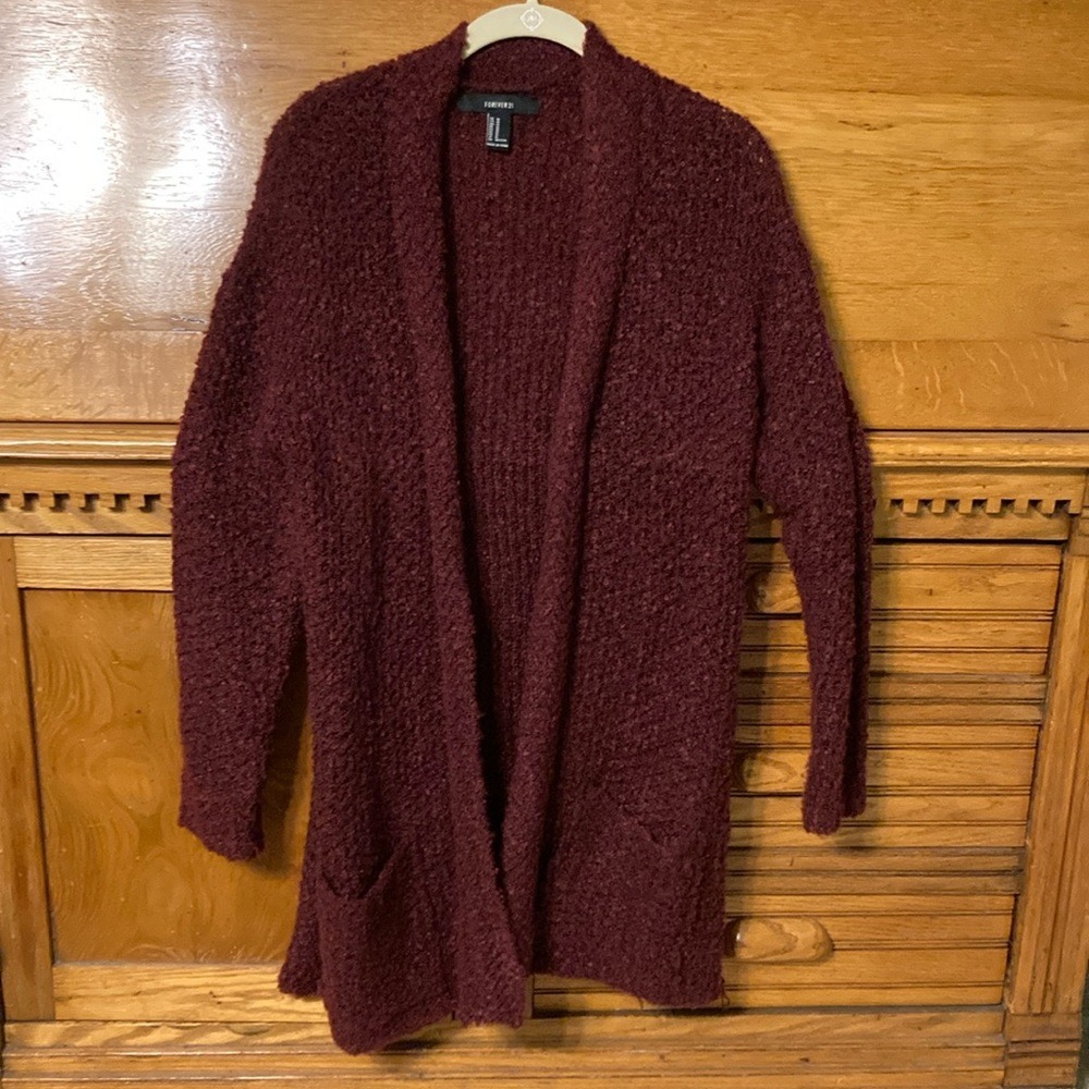 Forever 21 Boho‎ Chic Burgundy Bouclé Popcorn Knit Open Front Cardigan Sweater